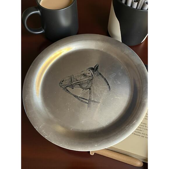 Embossed metal decorative platter 24" round with etched horse head - Picture 1 of 5